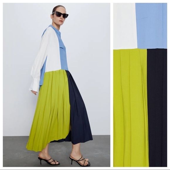 NWOT. Zara Pleated Patchwork Midi Dress. Size XS. - Picture 7 of 15